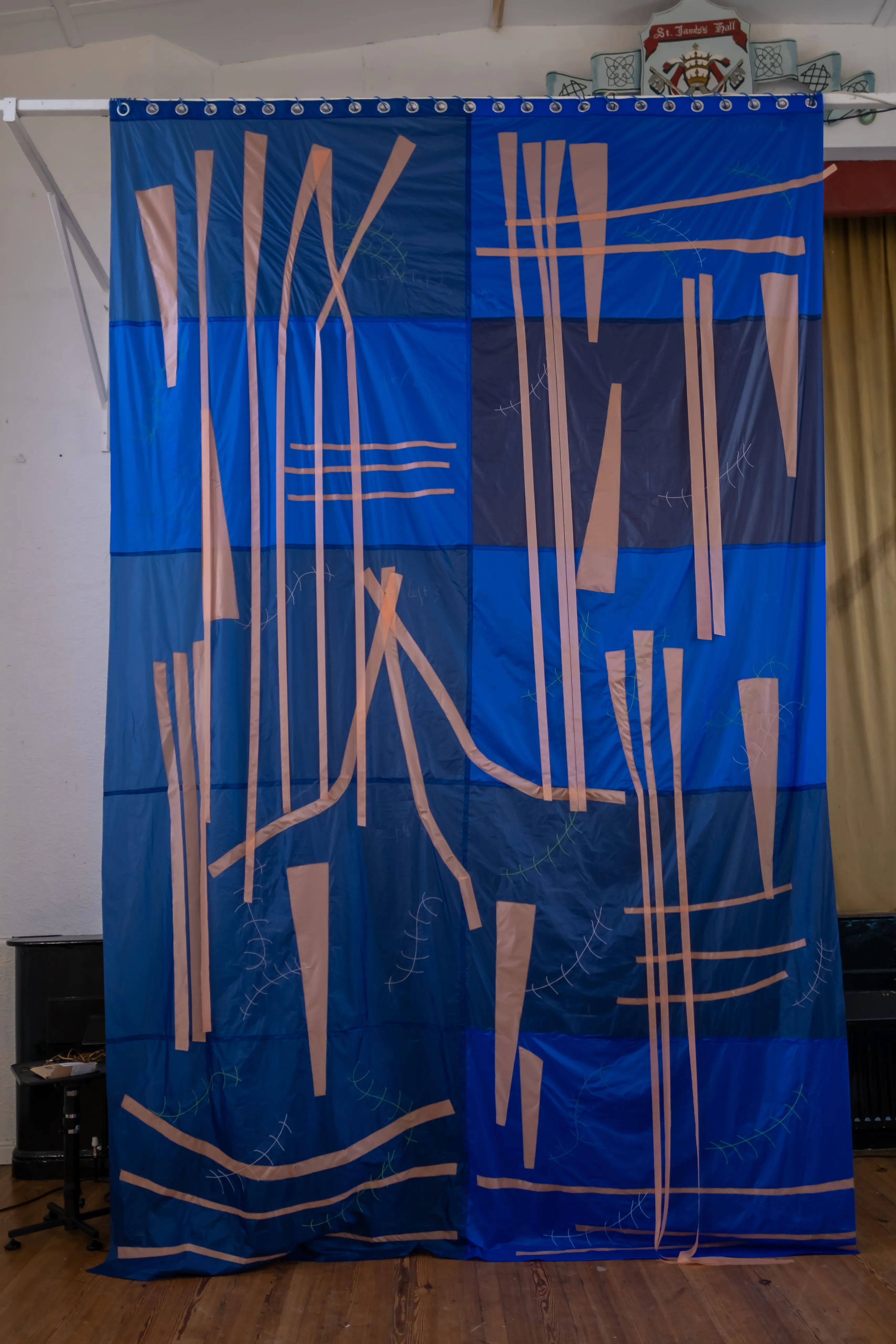 Between the Stones and the Reeds, Tapestry Works, Discard ballon material and digital Embroidery (Dillon, 2022), Caring for Repairing Exhibition and Festival, Kilbeggan, Westmeath.